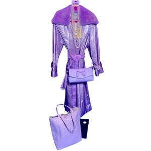 💜 Lilac Detachable Faux Fur& Belt, Faux Leather Metallic Maxi Trench Coat 💜 NWT